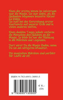 Text über Magie, Glauben und Märchen. ISBN 9-783-6951-3095-5, Preis €8,-, ab 11 Jahren empfohlen. Roter Hintergrund.