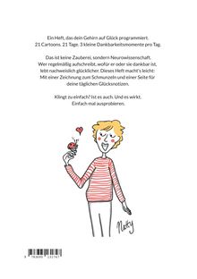 Text über Glück und Dankbarkeit. Illustration: Eine lächelnde Person im Streifenpulli hält einen Marienkäfer.