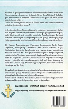 Texte beschreiben geistige Abwehr und Heilung gegen psychische Leiden. Unten ein Logo: Kreuz mit Ketten und Strahlen.