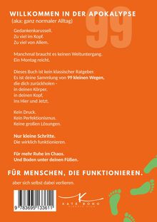 Ein orangefarbener Hintergrund mit weißen und grünen Texten über 99 Wege zur inneren Ruhe und kleine Schritte zur Stabilität.