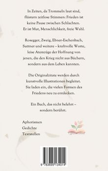 Ein poetischer Text über Frieden, begleitet von Autoren wie Rosegger und Zweig. Logo: stilisiertes Buch mit Blatt. Strichcode unten.