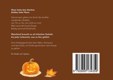 Text über Maxi und Bobby im Herbst, Geduld, Nähe, Vertrauen. Illustration: Kürbis mit Gesicht, Herbstblatt, brauner Hintergrund.