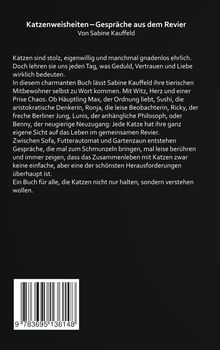 Titel: "Katzenweisheiten – Gespräche aus dem Revier" von Sabine Kauffeld. Beschreibung der Beziehung zwischen Mensch und Katze. Unten Barcode.