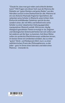 Ein ausführlicher Text über Juan de Mairena und Rhetorik. Ein Barcode ist unten links platziert. Der Hintergrund ist hellblau.