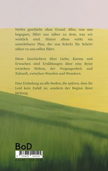 Text über Schicksal und Heilung auf gelbem Hintergrund, unten ein Barcode mit Preisen. Darunter unscharfe grüne Felder.