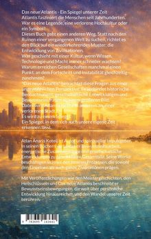 Ein Text beschreibt "Das neue Atlantis" als Spiegel unserer Zeit, diskutiert Zivilisationen und erwähnt den Autor Atlan Anaris Koteij. Im Hintergrund sind verschwommene Stadtansichten und Farben von Wasser und Himmel zu erkennen.