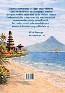 Text beschreibt Erlebnisse eines schwäbischen Musikers auf Bali. Darunter Strandlandschaft mit Palmen, Tempel und Vulkan.