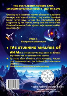 Texts: „THE SCI-FI ACTION-COMEDY SAGA...THE STUNNING ANALYSIS OF AN AI...plus the sheet music to the novel’s pop song.“   
Buchcover mit futuristischer Landschaft, Raumschiff und Roboterkopf.