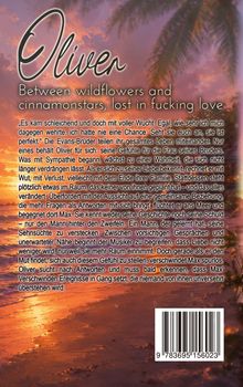 Text: "Oliver. Between wildflowers and cinnamonstars, lost in fucking love." 
Illustration: Sonnenuntergang am Strand mit Palmen.