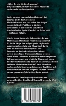 Text über einen Kriminalroman: Ein Unbekannter namens "Der Judger" terrorisiert eine Kleinstadt mit öffentlichen Schuld-Livestreams.