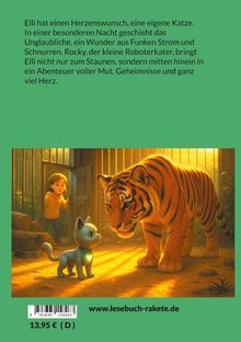Ein grüner Hintergrund. Ein Mädchen schaut durch eine Tür auf einen Roboterkater und einen Tiger in einem goldenen Licht.