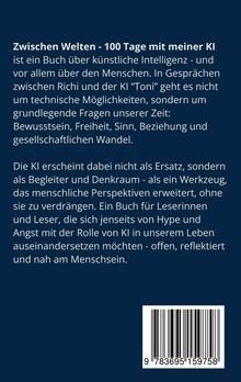 Text beschreibt ein Buch über KI und Menschsein, mit Gesprächen über Bewusstsein und gesellschaftlichen Wandel. Ein Barcode ist sichtbar.