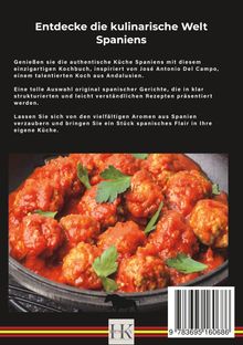 "Entdecke die kulinarische Welt Spaniens" über einem Bild mit Fleischbällchen in roter Soße und Petersilie.