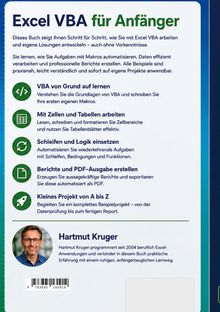"Excel VBA für Anfänger. Dieses Buch zeigt Ihnen Schritt für Schritt, wie Sie mit Excel VBA arbeiten und eigene Lösungen entwickeln." Darunter: fünf Bereiche mit einführenden Überschriften und Erklärungen, um VBA zu erlernen, sowie ein Bild von einem Mann.