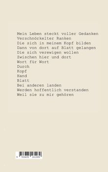 Text eines Gedichts über Gedanken, die sich im Kopf bilden und über das Schreiben mit anderen geteilt werden. Unten: Barcode.