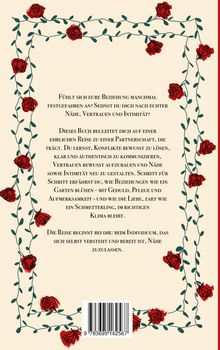 Text spricht von Beziehungspflege, Vertrauen, Nähe. Illustration mit roten Rosen umrahmt den Text. Barcodes unten.