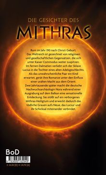 Text: "Die Gesichter des Mithras. Rom im Jahr 190". Orange-rote feurige Illustration eines Sonnenaufgangs.