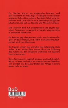Beschreibung eines roten Buchrückens mit Text über ungewöhnliche Geschichten und das Erleben von Absurditäten im Alltag.
