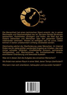 Text über technologischen Fortschritt und Herausforderungen. Illustration eines stilisierten Tachos in Gold auf Schwarz.
