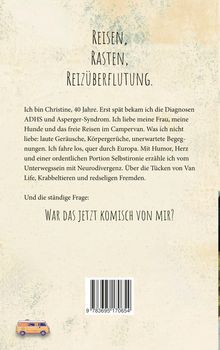 Oben steht: "Reisen, Rasten, Reizüberflutung." Unten: Christine erzählt über Reisen und Neurodivergenz. Kleines gelbes Van-Illustration.