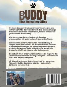 "BUDDY: Eine Reise ins Glück" steht oben, mit einer Pfote. Darunter eine berührende Geschichte über einen geretteten Hund. Unten ein Foto von zwei Personen mit einem Hund.