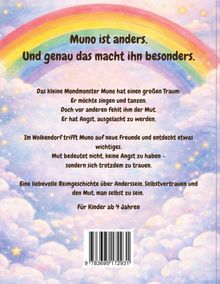 "Muno ist anders. Und genau das macht ihn besonders." Text auf Regenbogen und Wolkenhintergrund.
