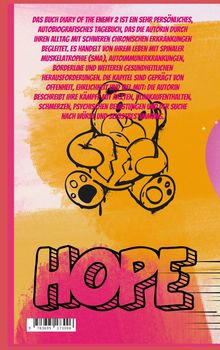 Text beschreibt ein autobiografisches Tagebuch über chronische Erkrankungen. Illustration: Ein Teddybär und das Wort "HOPE".