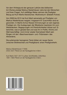 Texte über Predigten von Markus Niederhäuser und Reaktionen von Kurt Marti. Erwähnung ihrer Tätigkeiten in Bern. Strichcode unten.