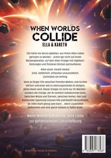 Buchtitel: "When Worlds Collide" von Ella & Kareth. Hintergrund: Dramatische Weltraumszene mit explodierenden Asteroiden.