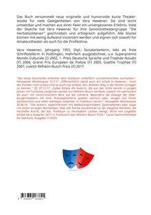 Texte beschreiben humorvolle Theaterstücke von Vera Hewener und Ehrungen. Unten links sind zwei Theatermasken als Logo.
