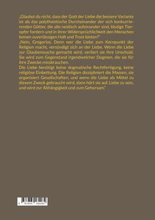 Ein Zitat über Religion und Liebe auf braunem Hintergrund in gelber Schrift. Unten ein Barcode.