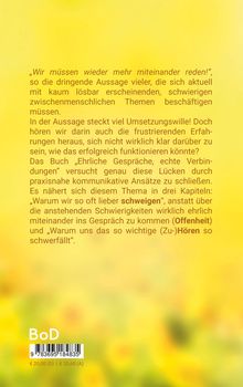 Text über zwischenmenschliche Kommunikation und Herausforderungen. Unten ein "BoD"-Logo, ISBN und Preise. Gelber Hintergrund.