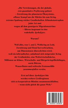 Zitate über globalen Profitzwang, ökologische Zerstörung, Kriege, Migration und mögliche weltweite Kooperation. Roter Hintergrund.
