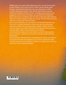 Text über Bodos Abenteuer am Bodensee mit seinen Freunden, ideal für Kinder ab 3 Jahren. Hintergrund: orange-blauer Farbverlauf.