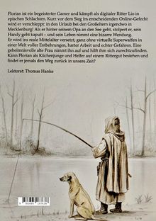 Ein junger Mann, ein Gamer, wird ins Mittelalter versetzt. Illustration: Er angelt, Hund sitzt daneben am Flussufer.