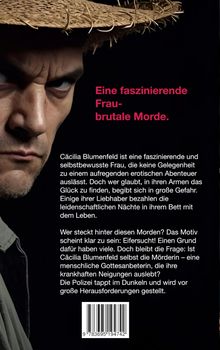 Ein schmaler Blick eines Mannes mit Hut. Text über eine faszinierende Frau und brutale Morde auf schwarzem Hintergrund.