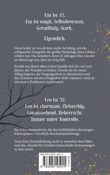 Ein Text mit zwei Abschnitten über Em (43) und Leo (32) sowie ihre Lebensumstände. Hintergrund in Grau mit Goldakzenten.