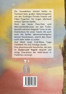 Der Text beschreibt ein fantasievolles Feen-Fest im Zauberwald Nagold, mit Wichteln, Trollen, fliegender Torte und Fotodarstellungen. Darunter ist ein Barcode und zwei weiße Vögel über einer Holztür.