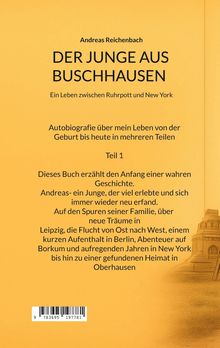 Text: „Andreas Reichenbach, DER JUNGE AUS BUSCHHAUSEN... Autobiografie... Teil 1... Dieses Buch erzählt den Anfang...“  
Gelber Hintergrund, Architekturzeichnung unten rechts.