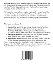 Text über spirituelle Bedeutungen biblischer Namen, Erwartungen an das Buch, z. B. "Spiritual Warfare & The Love of God". Darunter ein Strichcode.