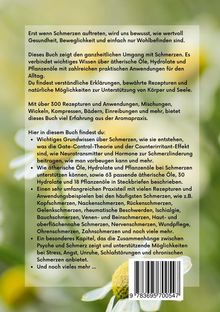 Texte beschreiben ein Buch über den ganzheitlichen Umgang mit Schmerzen und ätherischen Ölen. Im Hintergrund ist ein verschwommenes Bild von Kamille.