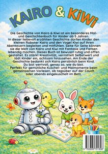 „Kairo & Kiwi“ ist ein Kinderbuch über Abenteuer eines Roboters und Vogels. Illustration mit Tieren und fröhlichen Farben.