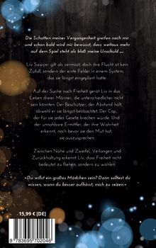 Ein mysteriöser Text über vergangene Schatten und Liv Sawyer. Hintergrund: Dunkles Design mit leuchtenden Kreisen. Preis: 15,99 € [DE].