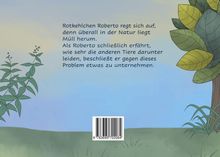 Text über ein Rotkehlchen namens Roberto, das gegen Müll in der Natur vorgeht. Illustration mit Bäumen und Pflanzen.