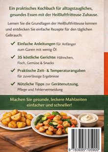 Ein praktisches Kochbuch für die Heißluftfritteuse. Zwei Teller mit gebratenem Gemüse und Kartoffeln, Schälchen mit Dip.