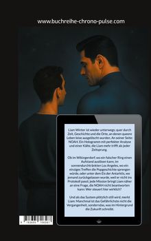 Oben: www.buchreihe-chrono-pulse.com. Text beschreibt Liam Winterns Abenteuer durch Zeit und Geschichte mit NOAH. Zwei Männer von hinten.