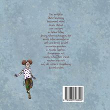 Text: "Die größte Überraschung..." erzählt von einem magischen Abenteuer. Illustration: Ein fröhliches Kind in bunter Kleidung.