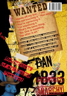 "WANTED" in großen Buchstaben, verschiedene Zitate, "Reflections of an Absurd Figment", blauer Hase mit Cowboyhut.