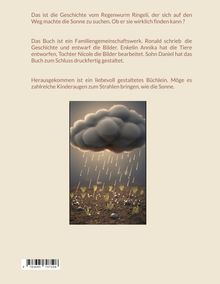 Text über Regenwurm Ringeli auf der Suche nach der Sonne. Familienteamwerk. Unten Illustration von Regentropfen und Pflanzen.