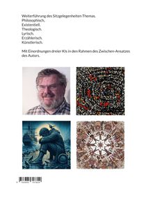 "Weiterführung des Sitzgelegenheiten Themas..." Bild mit vier Quadraten: Porträt, abstrakte Kunst, Illustration eines sitzenden Mannes, Mandala-Muster.